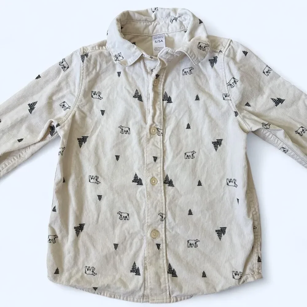 Carter’s Boys Button Down Shirt Size 5 White Bear Tree Print 100% Cotton